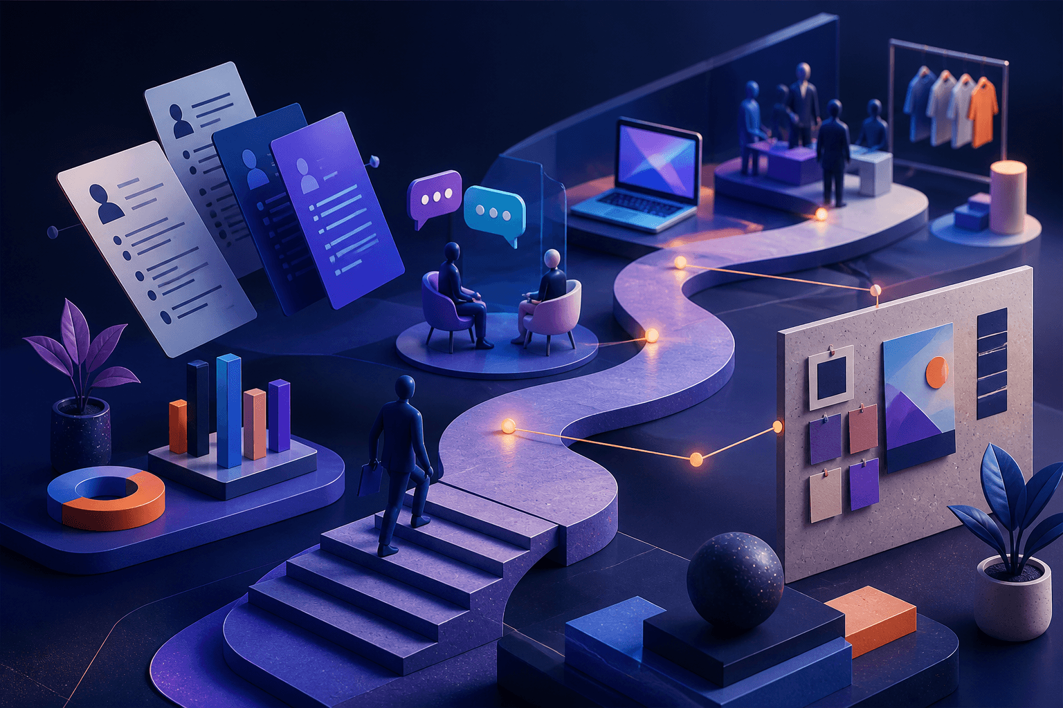 Editorial illustration for a guide on how to get a job at Zalando, showing a modern hiring journey with resume, interview, and teamwork concepts.