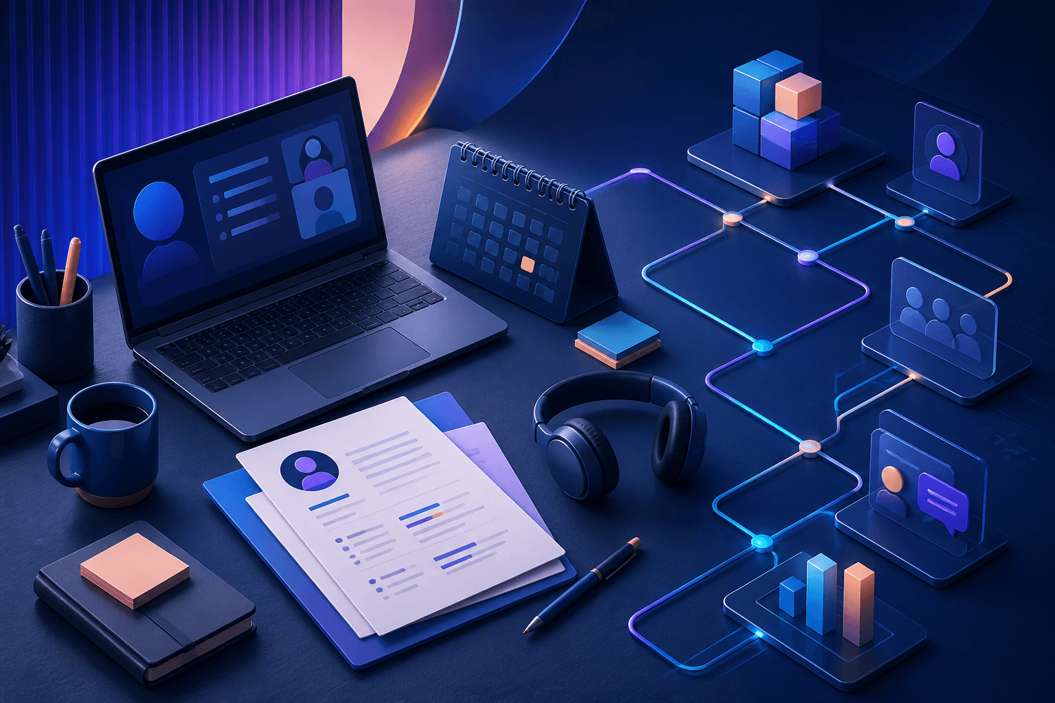 Editorial illustration for a job search guide about Zoom, showing a candidate workstation, interview prep notes, and abstract technology shapes in a dark blue, violet, and cyan palette.